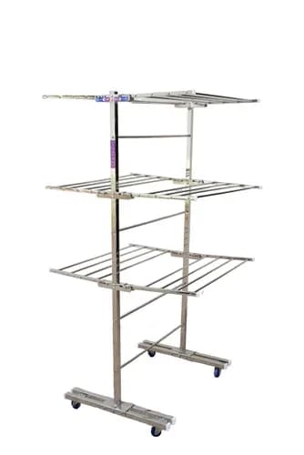 3-Tier Stainless Steel Cloth Drying Stand with 21 Rods & Braking Wheels – Foldable Clothes Dryer Rack
