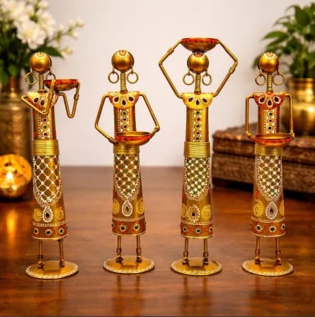 Rajasthani Lady Metal Tealight Holder Figurines – Set of 4 Decorative Diya Stand Showpieces, 13 inch