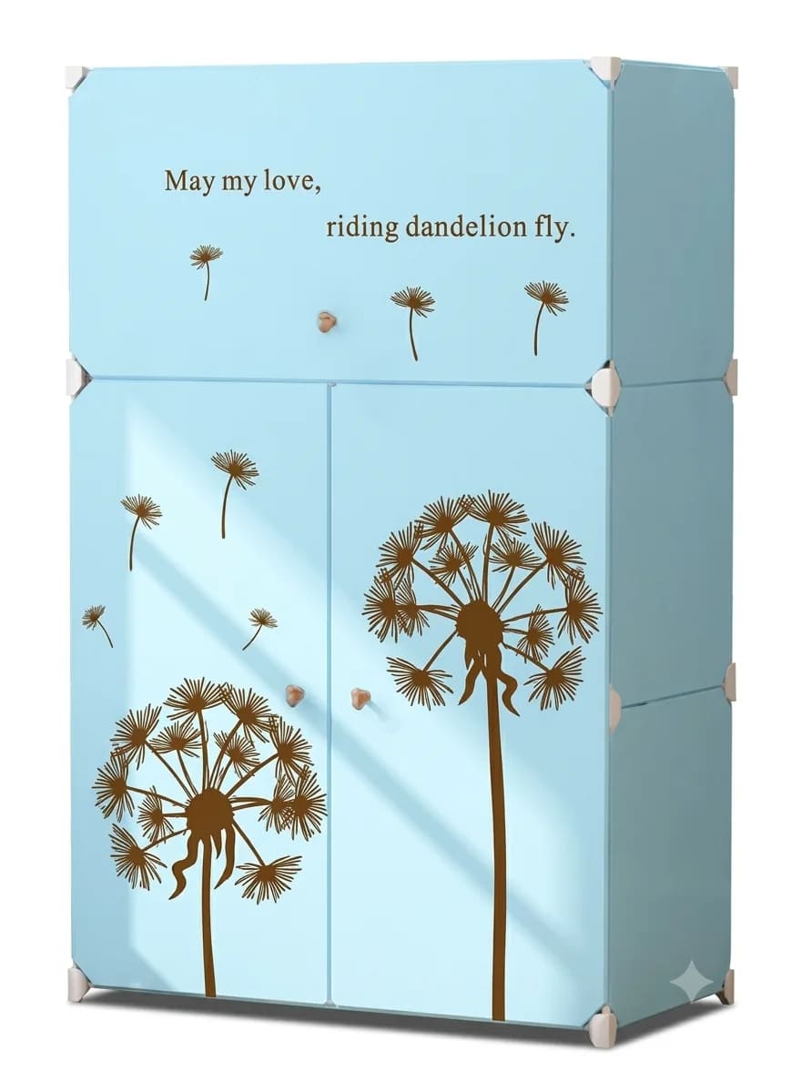 Foldable Plastic Storage Cabinet with Blue Dandelion Print – 3-Door DIY Wardrobe Organizer