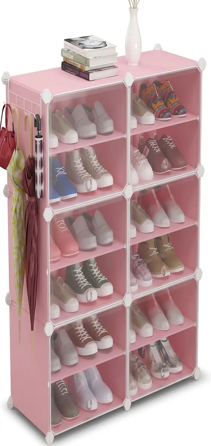 Foldable Plastic Shoe Rack Cabinet with Doors – 12-Shelf Shoe Organizer with Side Hooks