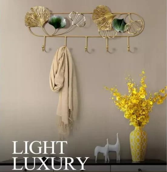 Gold Ginkgo Leaf Iron Wall Hook Rack – 5 Hook Decorative Key & Coat Holder, 27 x 12 inch