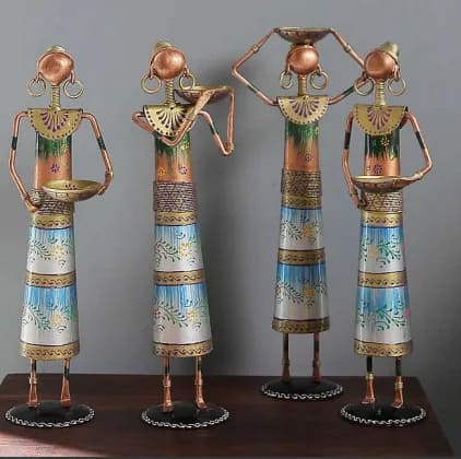 Tribal Lady Metal Tealight Holder Figurines – Set of 4 Copper & Blue Painted Diya Stand Showpieces, 11 inch
