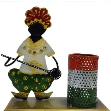 Rajasthani Musician Metal Pen Holder – Tricolour Pen Stand Desk Organizer, Handpainted Office Decor