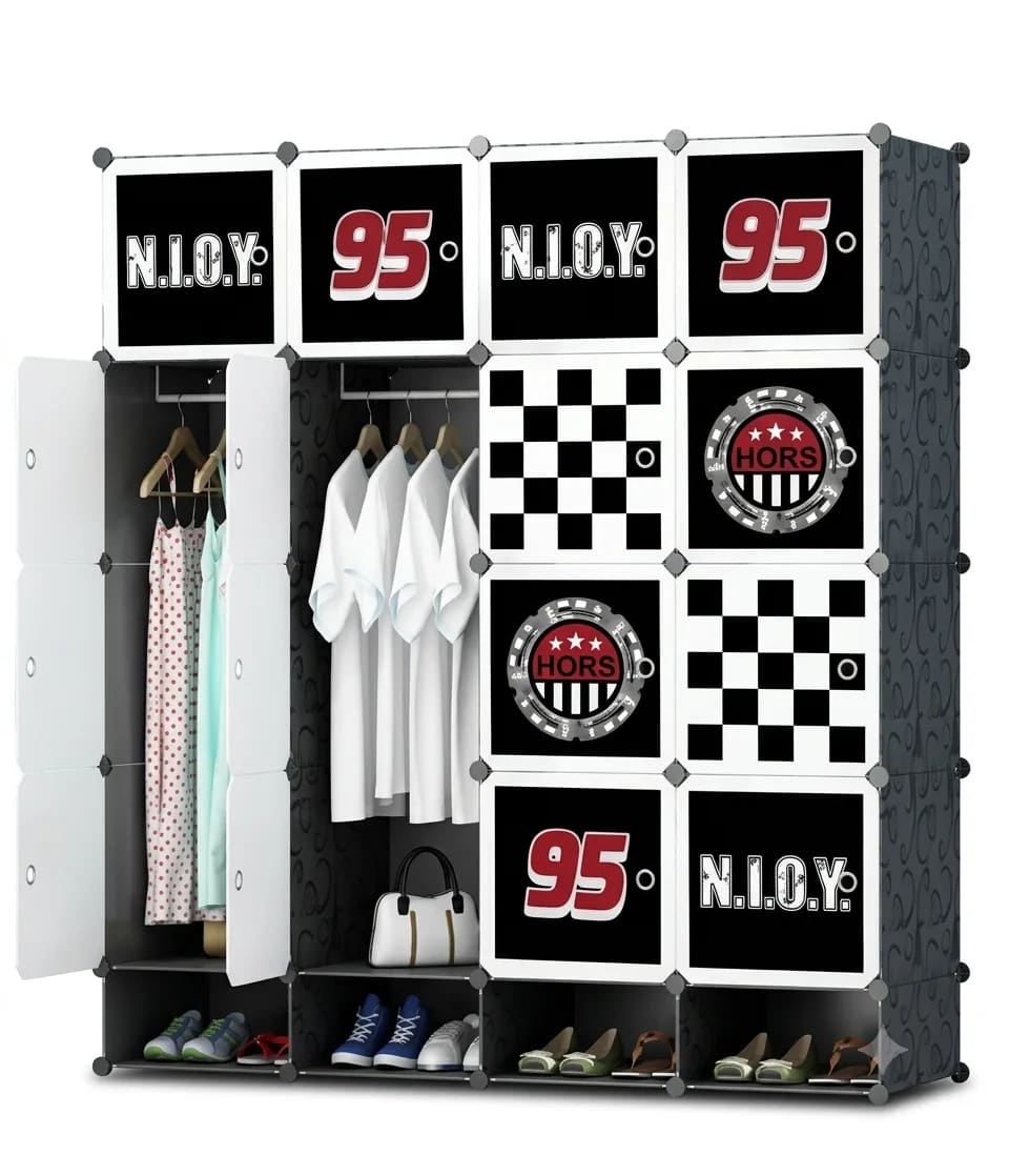 Foldable Wardrobe with Racing Print – 16-Cube Black & White Plastic Cabinet with Shoe Rack