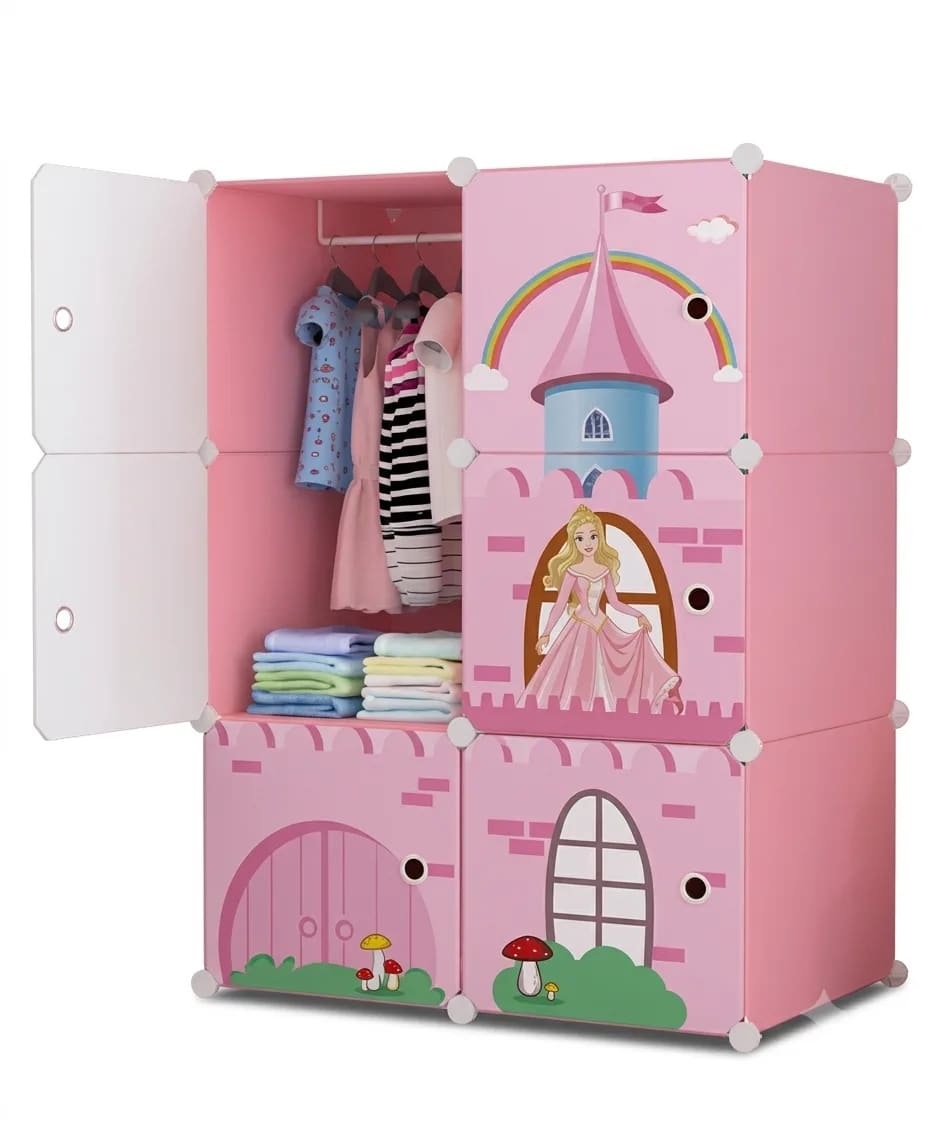 Foldable Kids Wardrobe with Princess Castle Print – 6-Cube Pink Plastic Cabinet with Hanging Rod