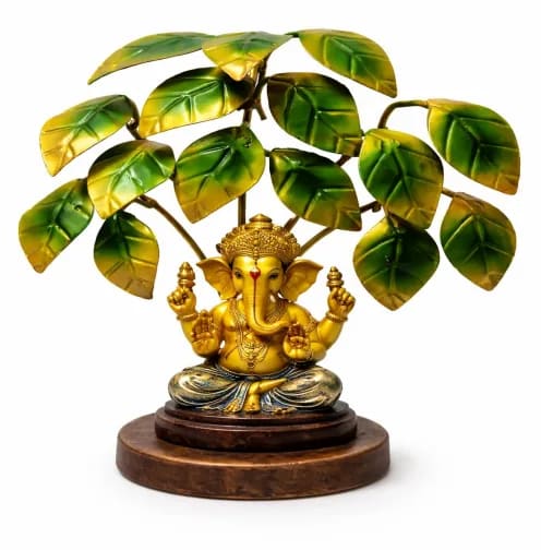 Lord Ganesha Idol Under Peepal Tree – Gold Ganesh Showpiece with Metal Leaves for Home & Office, 11.5 inch