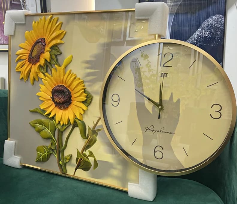 3D Sunflower Wall Art Frame with Gold Wall Clock – 60x40 cm Living Room Decor
